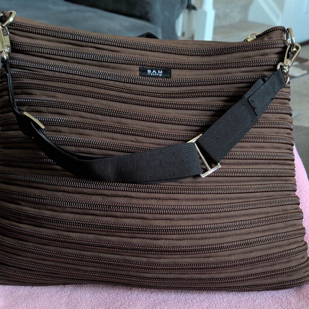 Brown Ribbed Crossbody Bag with Adjustable Strap